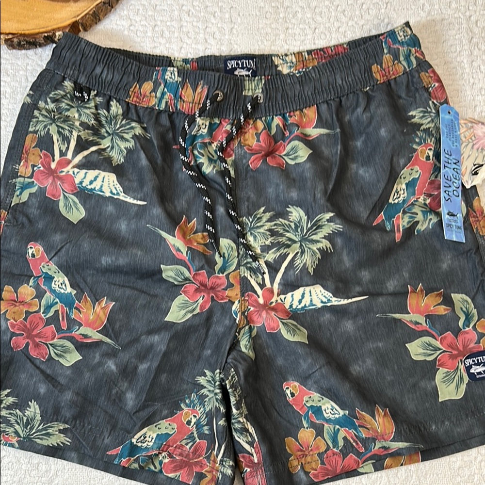 Men's Spicy Tuna Tropical Swim Shorts - Black with Multicolor Print Size Medium‎